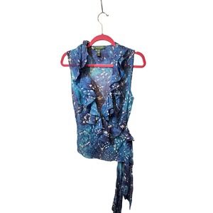 Lauren Ralph Lauren Petite Blue Sheer Silk‎ Ruffle Sleeveless Wrap Blouse Top